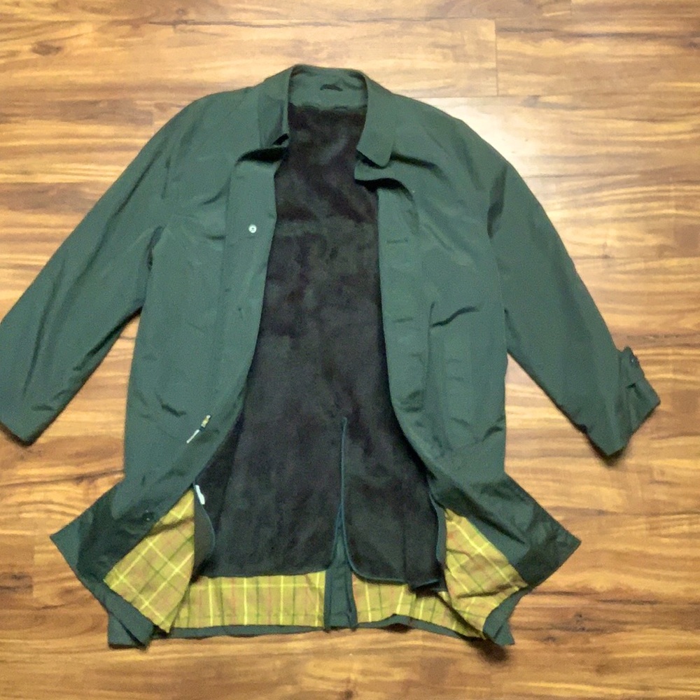 Removable fur lined trench coat.  Jade/grey color large coat